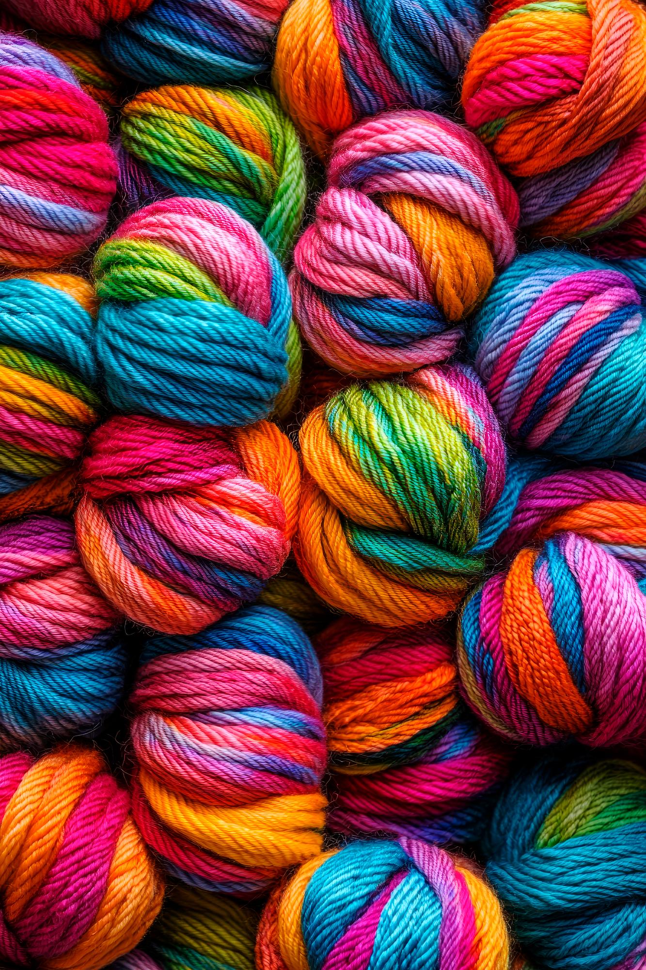Uma pilha de novelos de lã tingidos à mão em cores variadas.